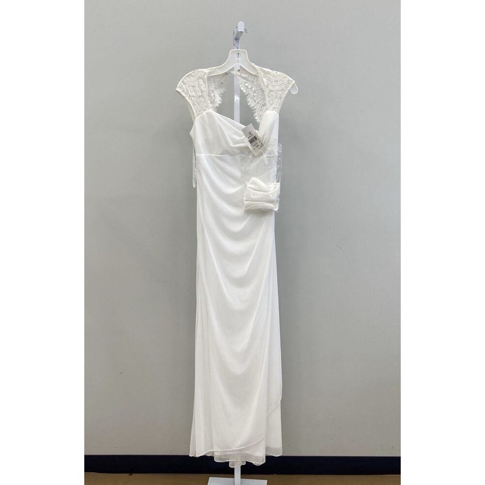 Davids Bridal DB Studio White Cap Lace Sleeve Wedding Dress Empire Bodice V Back